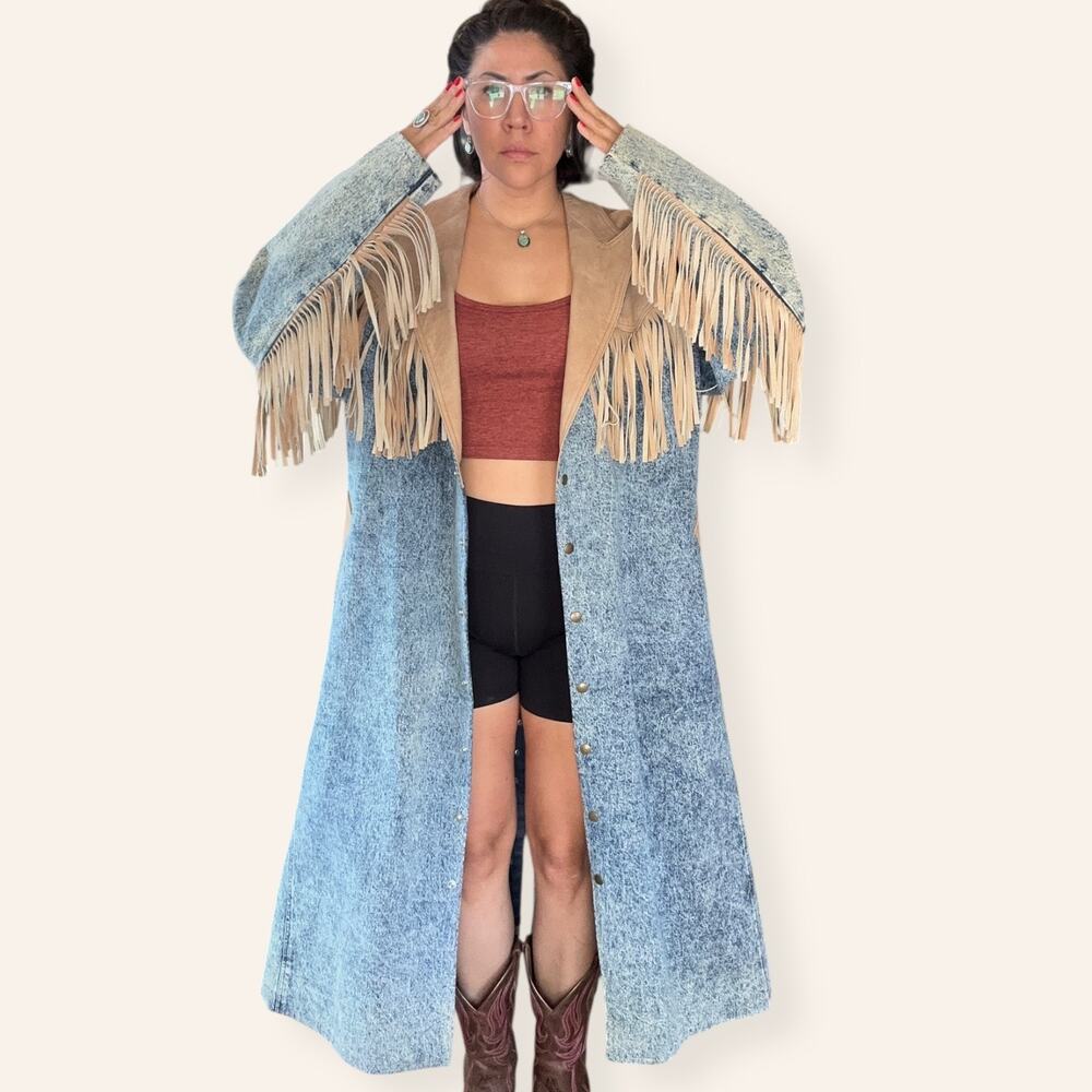 VTG Western Heavy Weight Acid Washed Denim Trench w/ Leather Fringe USA Made XL - Picture 5 of 16